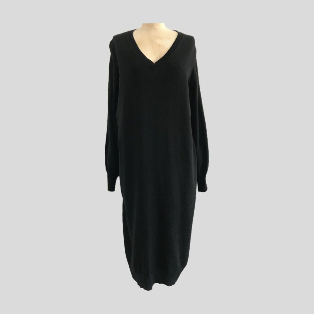Uniqlo Black Minimalist V Neck Long Sleeve Knit Midi Sweater Dress Womens M